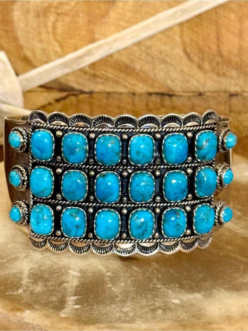 Turquoise Stone Cluster Sterling Silver Cuff Bracelet